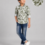 Boys' Nature-Inspired Olive Leaf Print Casual Shirt