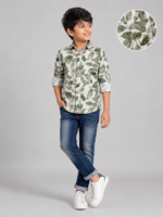 Boys' Nature-Inspired Olive Leaf Print Casual Shirt