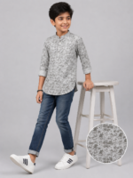 Boys' Grey Paisley Print Band Collar Casual Kurta Shirt - Image 4