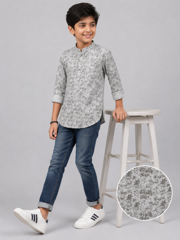 Boys' Grey Paisley Print Band Collar Casual Kurta Shirt - Image 4