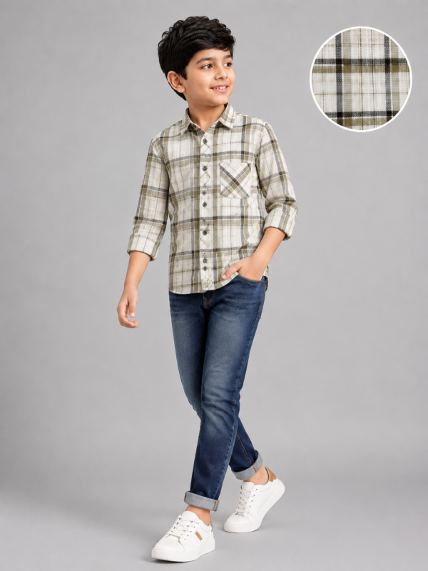 Boys' Classic Plaid Long Sleeve Button-Down Shirt - Olive & Cream - Image 4
