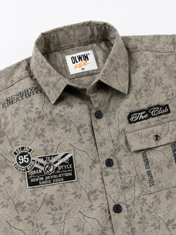 Boys' Olive Botanical Print Graphic Button-Down Shirt - Image 2