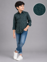 Boys' Deep Green Abstract Wave Print Casual Shirt