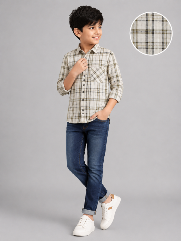 Boys' Classic Plaid Long Sleeve Button-Down Shirt - Olive & Cream - Image 2