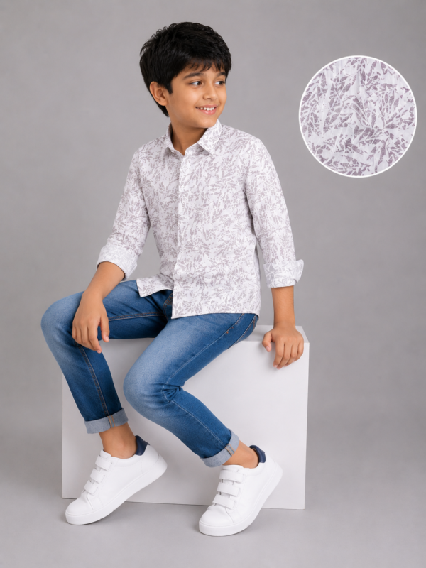 Boys' Stylish Abstract Leaf Print Long Sleeve Button-Down Shirt - Image 4