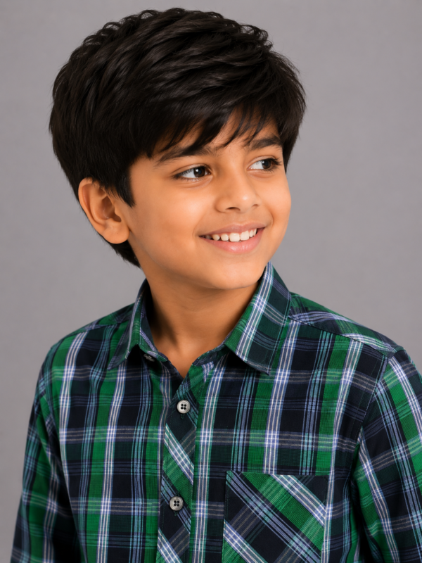 Boys' Stylish Green & Navy Plaid Casual Button-Up Shirt - Image 2