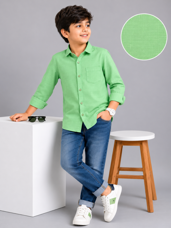 Boys Solid Mint Green Cotton Casual Shirt - Image 4