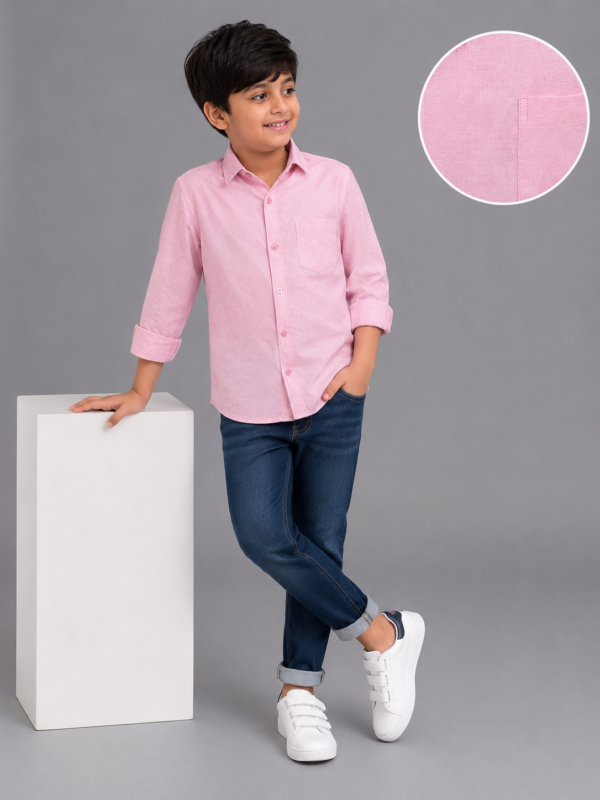 Boys' Charming Pink Textured Casual Long Sleeve Shirt - Image 3