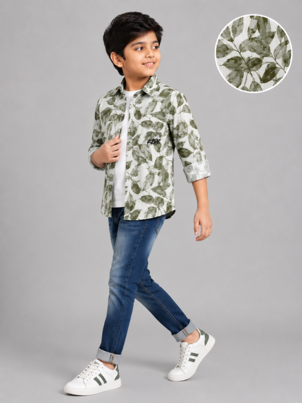Boys' Nature-Inspired Olive Leaf Print Casual Shirt - Image 2