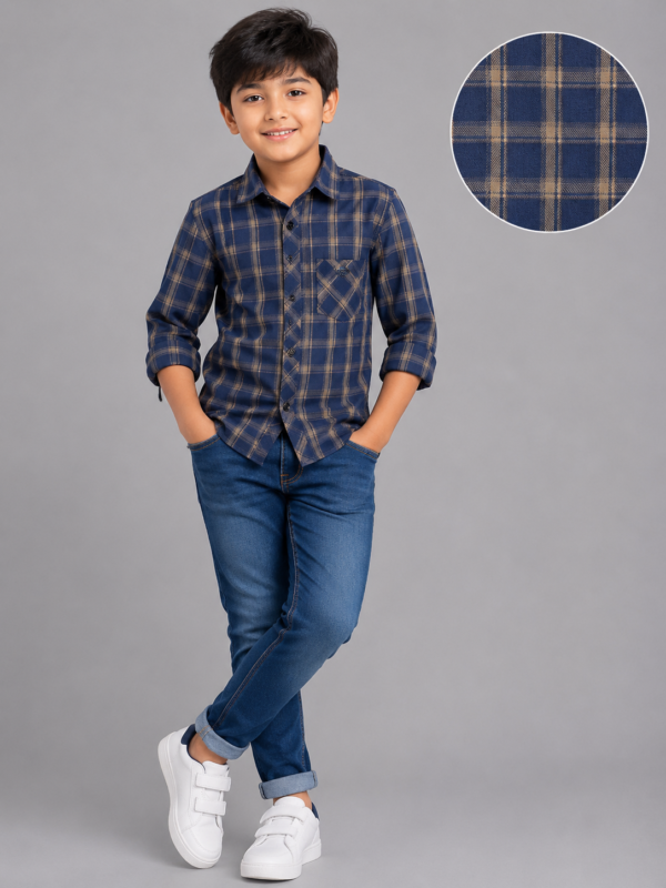 Boys' Classic Navy & Tan Plaid Button-Down Shirt - Image 2