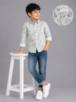 Boys' Sage Green Leaf Print Casual Button-Down Shirt - Image 3