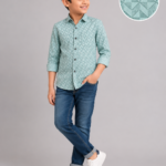 Boys' Geo-Pattern Mint Green Long Sleeve Button-Up Shirt