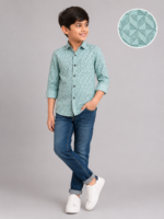 Boys' Geo-Pattern Mint Green Long Sleeve Button-Up Shirt