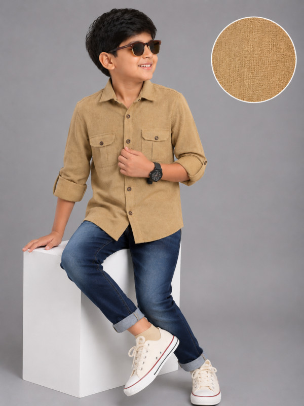 Boy's Textured Tan Utility Pocket Full Sleeve Shirt - Image 3