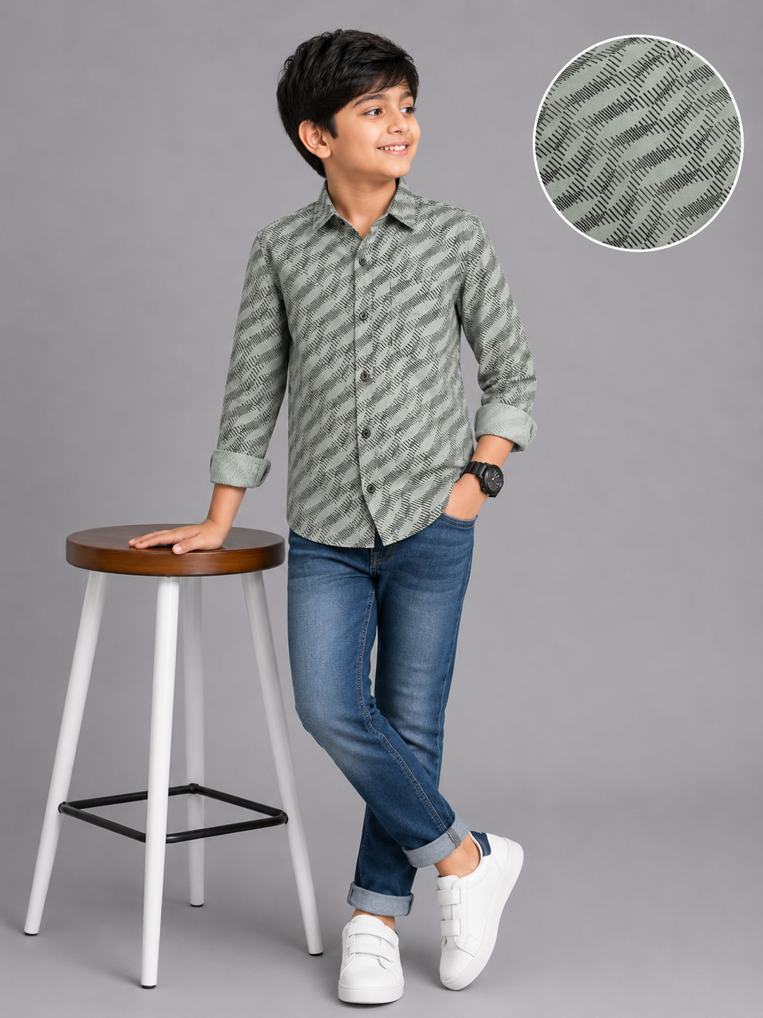 51e52979-f0aa-4d76-91e8-a6034b0b328f Boy's Sage Green Abstract Print Full Sleeve Casual Shirt - Image 1