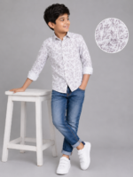 Boys' Stylish Abstract Leaf Print Long Sleeve Button-Down Shirt