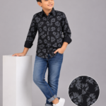 Boys' Trendy Black Floral Print Long Sleeve Casual Shirt