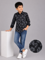 Boys' Trendy Black Floral Print Long Sleeve Casual Shirt