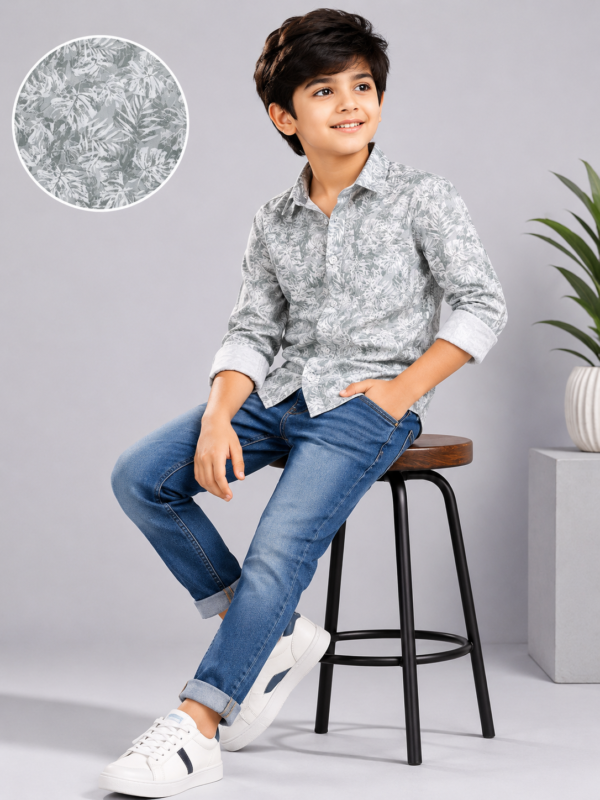 Boys' Grey Abstract Leaf Print Casual Button-Down Shirt - Image 2