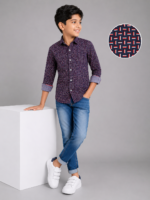Boys Navy Blue Geometric Print Cotton Shirt