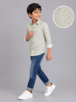 Boys' Geo-Patterned Cotton Casual Shirt - Olive & White - Image 4