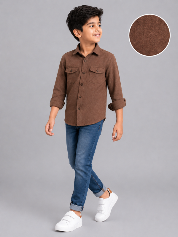 Boys' Rustic Brown Textured Long Sleeve Button-Down Shirt - Image 3