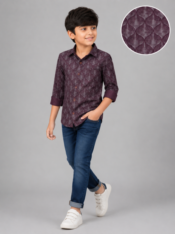 Boys' Burgundy Leaf Patterned Casual Button-Down Shirt - Image 3