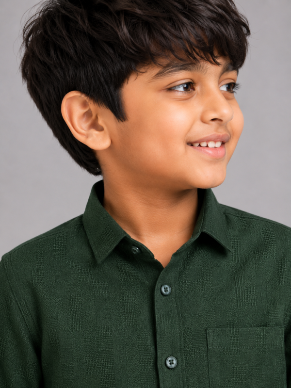 Boys' Forest Green Textured Cotton Casual Shirt - Image 2