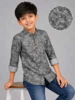 Stylish Boy's Grey Paisley Print Band Collar Shirt - Image 3