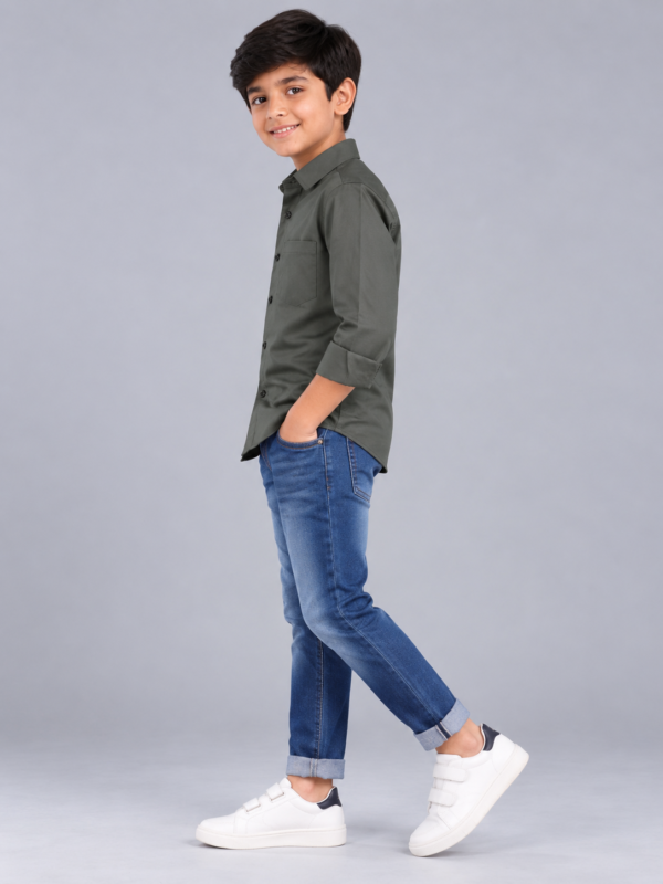 Boy's Smart Casual Olive Green Full Sleeve Cotton Shirt - Image 3