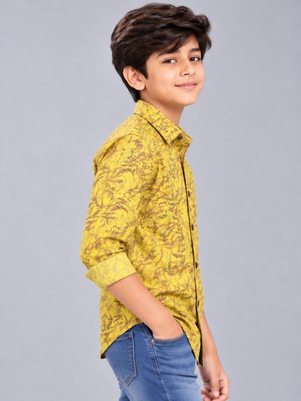 Boys' Vibrant Yellow Abstract Leaf Print Casual Shirt - Image 3