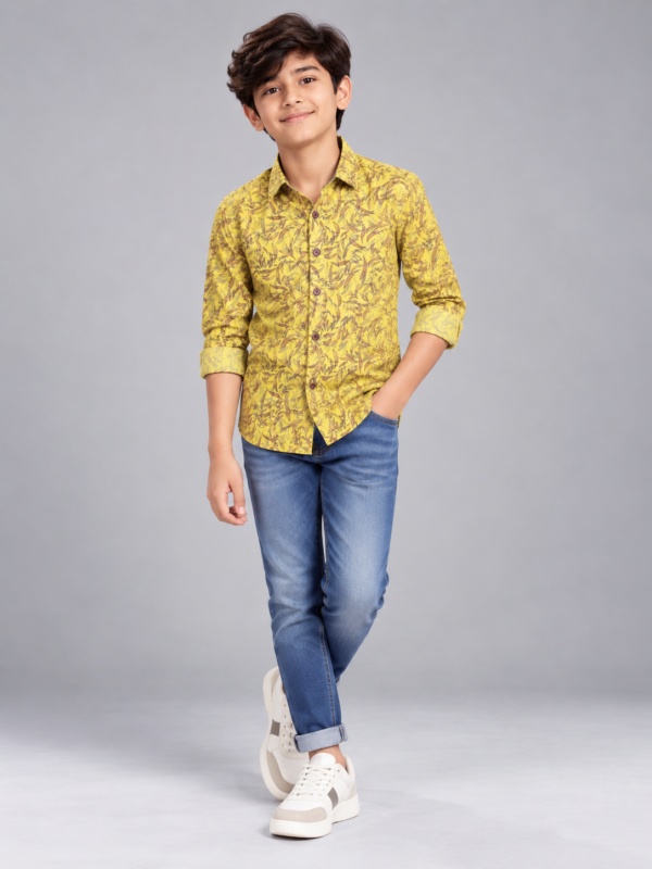 Boys' Vibrant Yellow Abstract Leaf Print Casual Shirt - Image 2