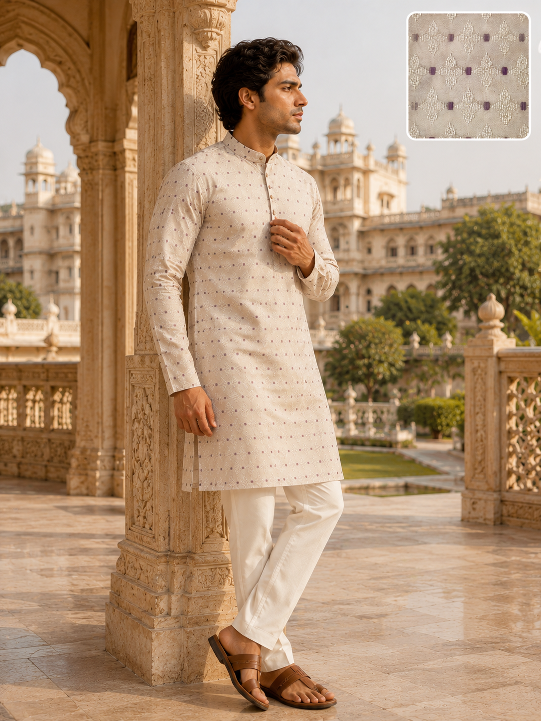 61004eb6-677f-46da-9d3f-05768d9fe20e Elegant Beige Embroidered Cotton Kurta for Men - Image 1