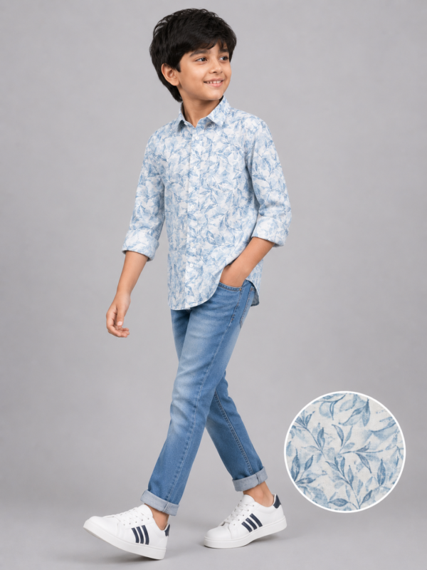 Boys' Aqua Blue Leaf Print Casual Shirt - Image 4