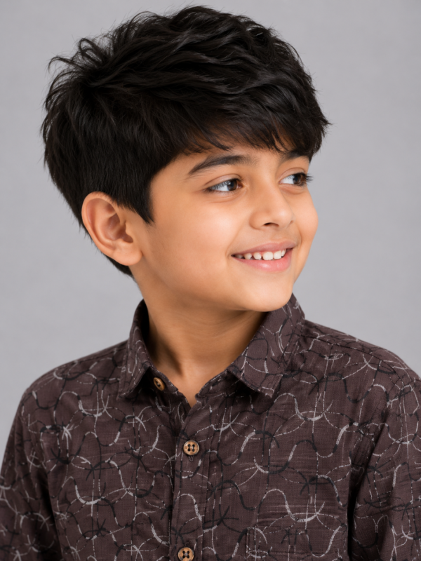 Boys' Stylish Brown Abstract Print Long Sleeve Casual Shirt - Image 2