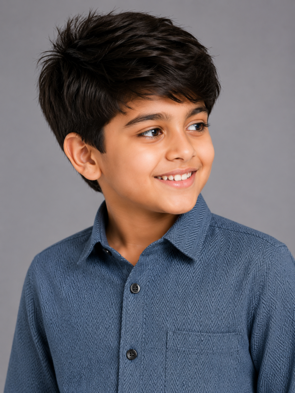 Boys' Stylish Denim Blue Chevron Textured Casual Shirt - Image 2