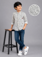 Boy's Abstract Swirl Print Mandarin Collar Shirt - White & Black - Image 4