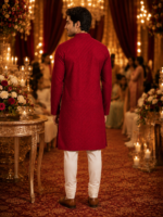 Regal Crimson Textured Men's Kurta with Mandarin Collar - Image 2
