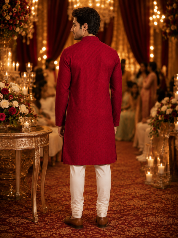 Regal Crimson Textured Men's Kurta with Mandarin Collar - Image 2