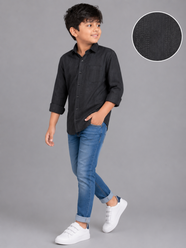 Boys' Stylish Charcoal Textured Long Sleeve Shirt - Image 3