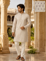 Elegant Beige Embroidered Cotton Kurta for Men - Image 5