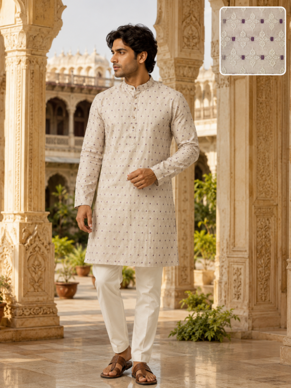 Elegant Beige Embroidered Cotton Kurta for Men - Image 5