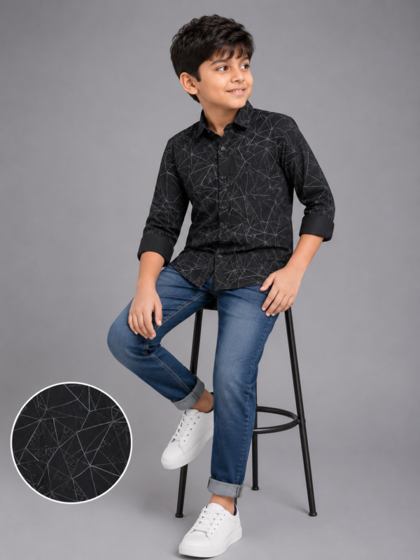 Boys' Modern Geometric Print Black Casual Shirt - Image 3