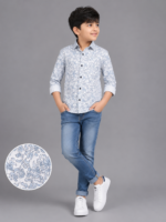 Boys' Dapper Blue Floral Print Long Sleeve Button-Down Shirt