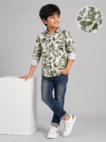 Boys' Nature-Inspired Olive Leaf Print Casual Shirt - Image 4