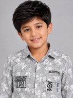 Boys Grey Floral Print Button-Down Shirt with Graphic Details - Image 2
