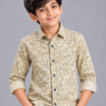 Boys' Sage Green Leaf Print Cotton Casual Shirt
