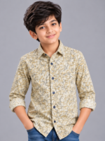Boys' Sage Green Leaf Print Cotton Casual Shirt