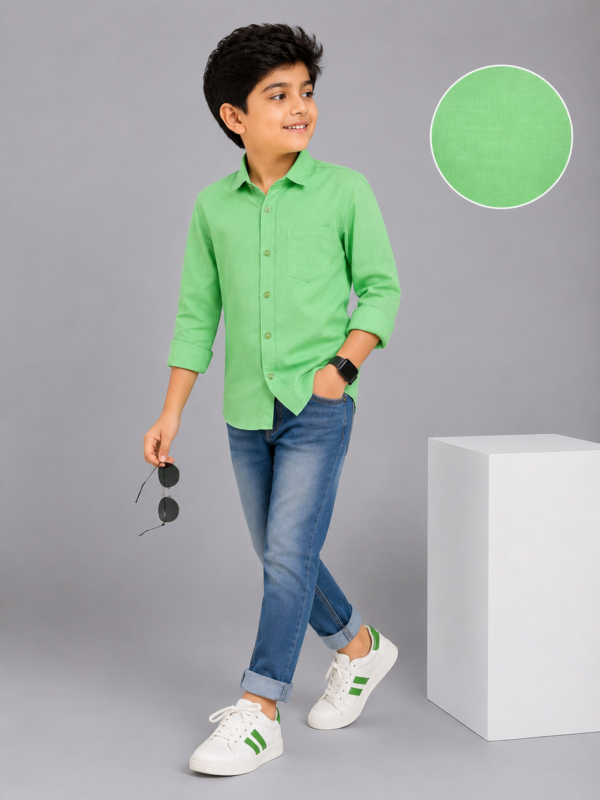 Boys Solid Mint Green Cotton Casual Shirt - Image 3