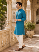 Royal Teal Textured Ethnic Kurta for Men - Image 2
